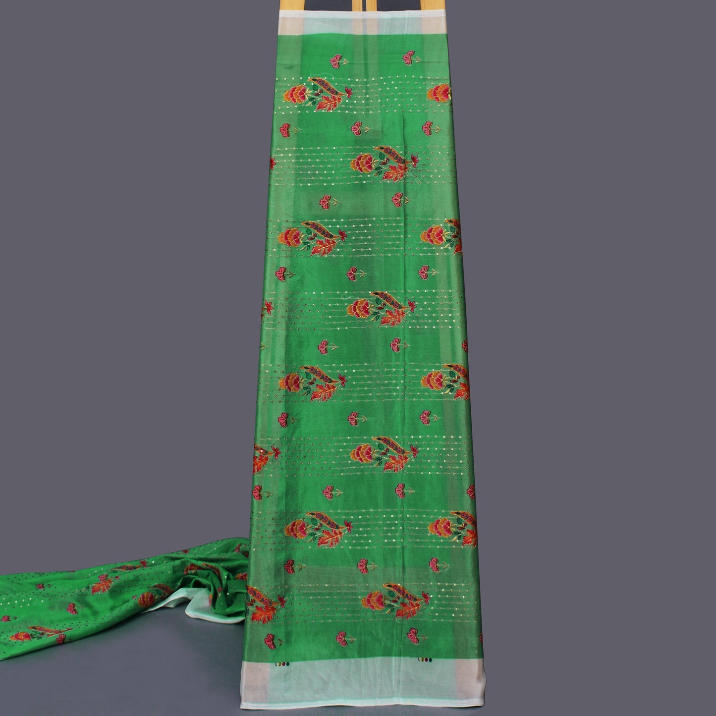 Green Color Dupion Embroidery Fabric