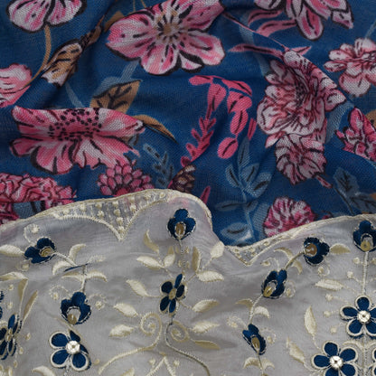 Blue Color Linen Print Border Embroidery Fabric