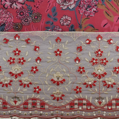 Gajri Color Linen Print Border Embroidery Fabric