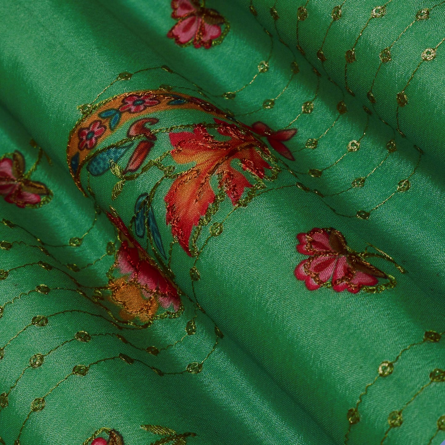 Green Color Dupion Embroidery Fabric