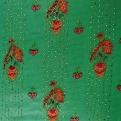 Green Color Dupion Embroidery Fabric