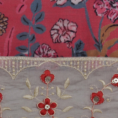 Gajri Color Linen Print Border Embroidery Fabric