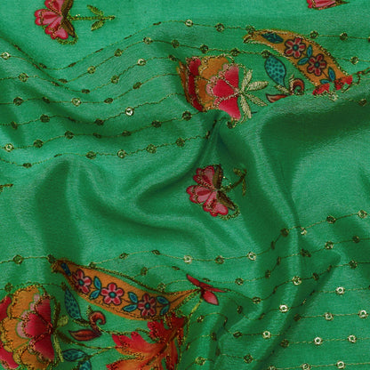 Green Color Dupion Embroidery Fabric