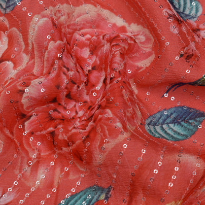 Pink Color Chinon Chiffon Print Embroidery Fabric