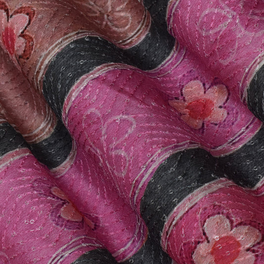 Multi Color Chinon Chiffon Print Embroidery Fabric