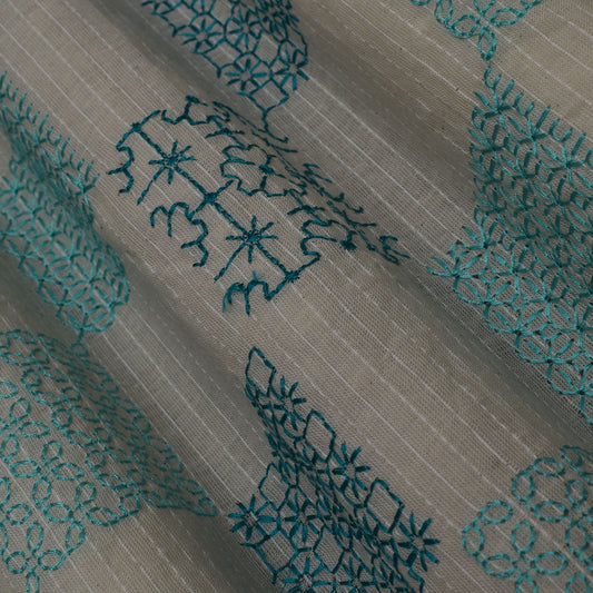 Off White Color Kora Cotton  Embroidery Fabric