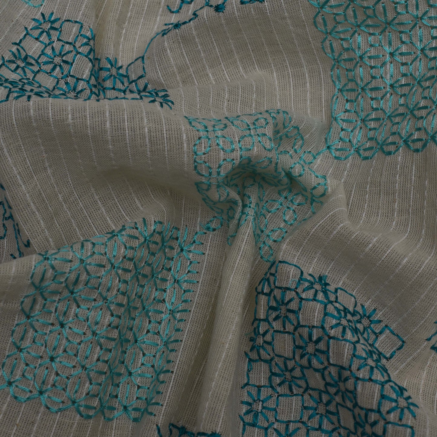 Off White Color Kora Cotton  Embroidery Fabric