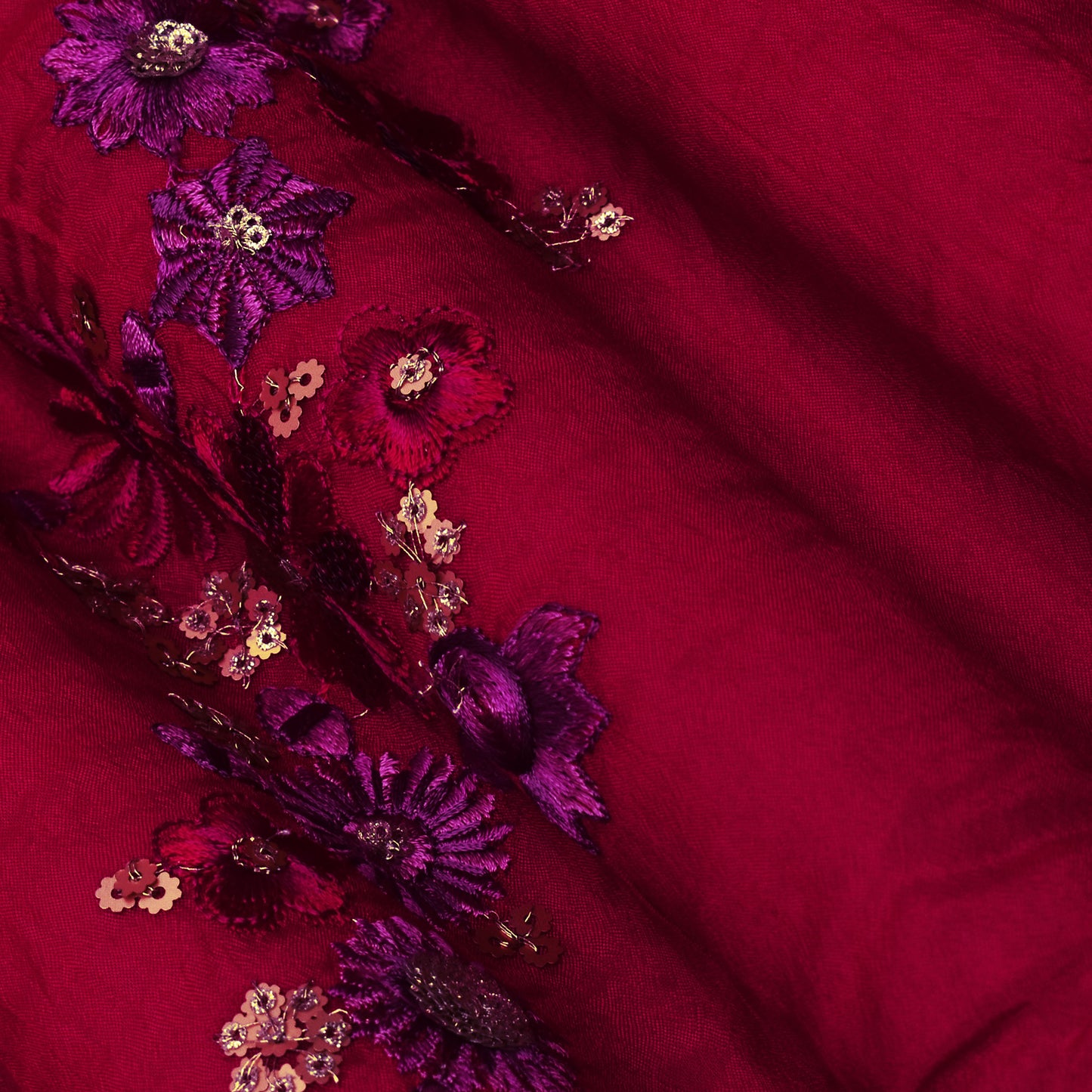 Cranberry Red Color Chinon Chiffon Embroidery Fabric