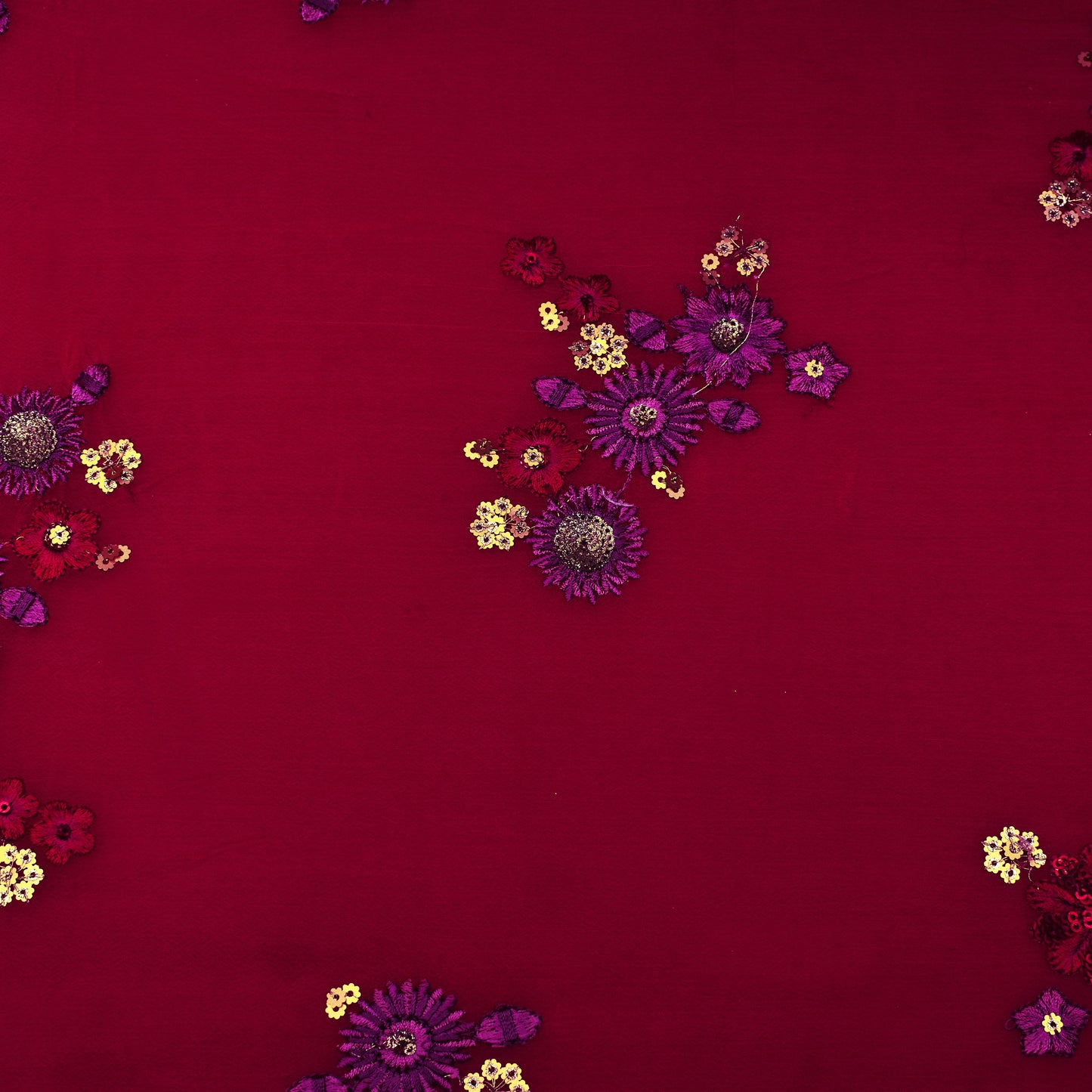 Cranberry Red Color Chinon Chiffon Embroidery Fabric