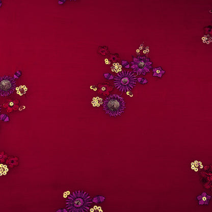 Cranberry Red Color Chinon Chiffon Embroidery Fabric