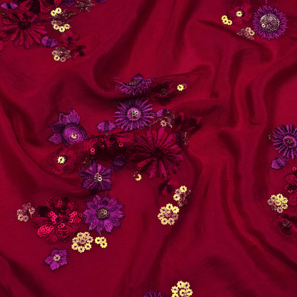 Cranberry Red Color Chinon Chiffon Embroidery Fabric