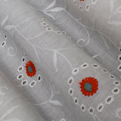 White Color Cotton Chikan Embroidery Fabric