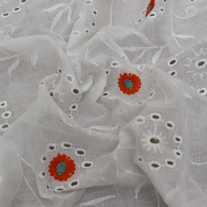 White Color Cotton Chikan Embroidery Fabric