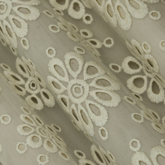 Off White Color Net Embroidery Fabric