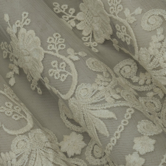 Off White Color Net Embroidery Fabric