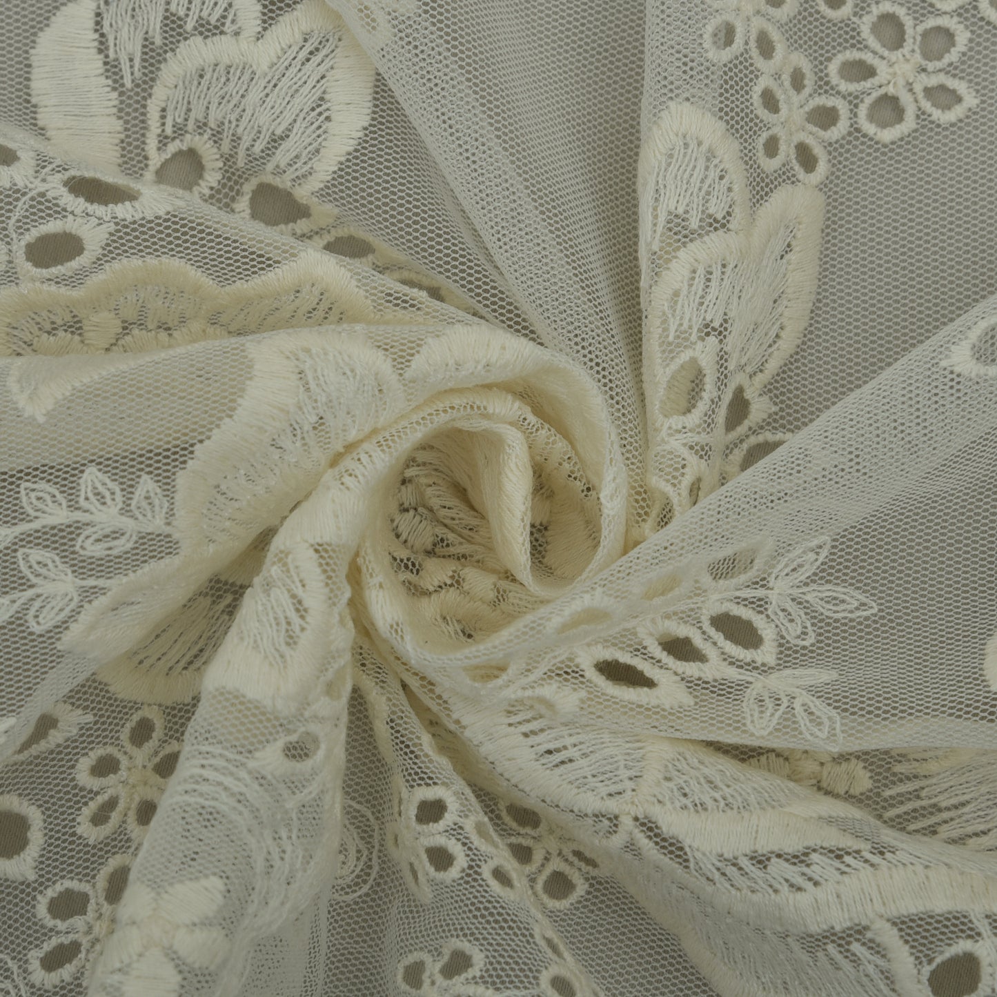 Off White Color Net Embroidery Fabric