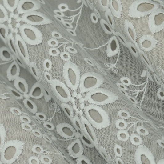 White Color Net Embroidery Fabric