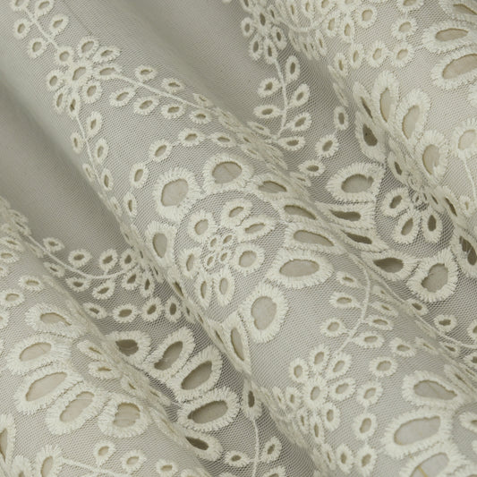 Off White Color Net Embroidery Fabric