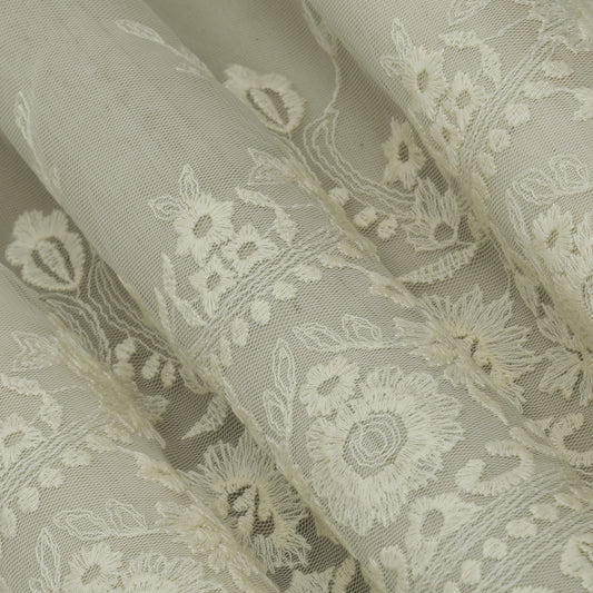 Off White Color Net Embroidery Fabric