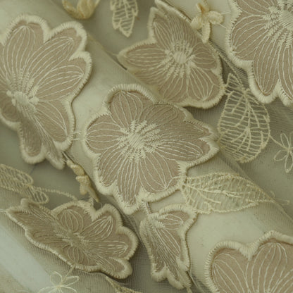 Beige Color Net Embroidery Fabric
