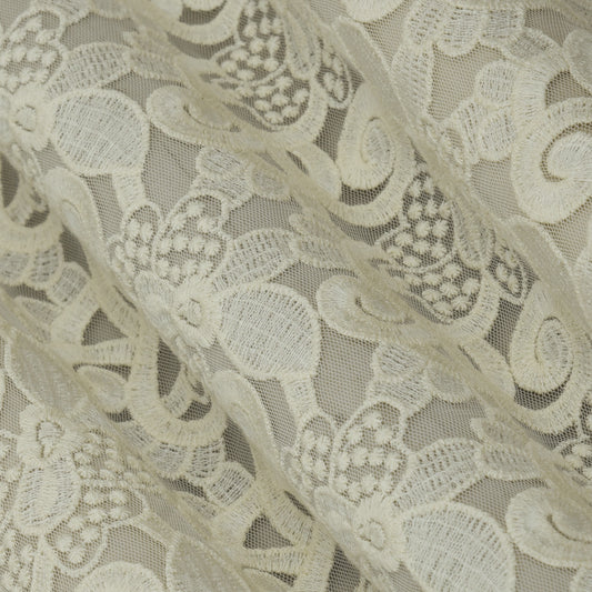 Off White Color Net Embroidery Fabric