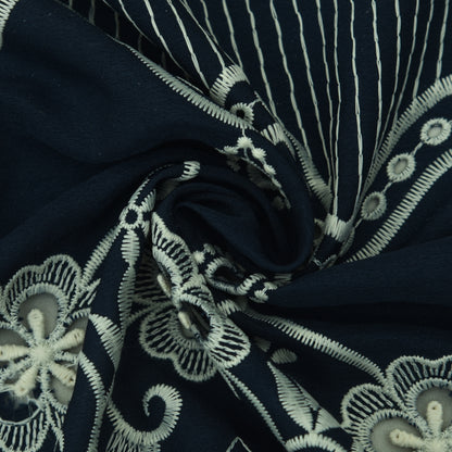 Navy Blue Color Crepe Embroidery Fabric