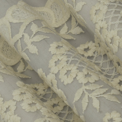 Off White Color Net Embroidery Fabric