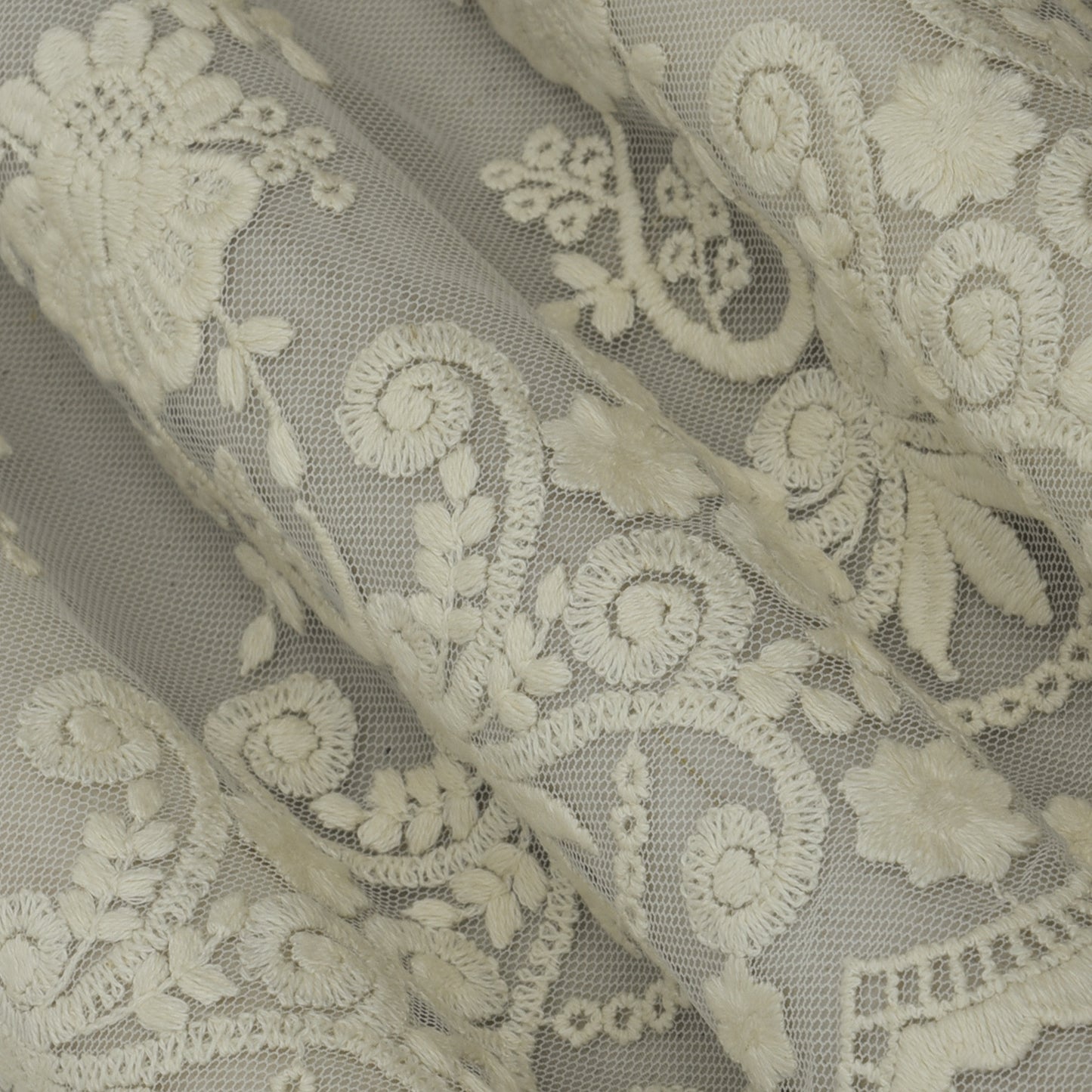 Off White Color Net Embroidery Fabric