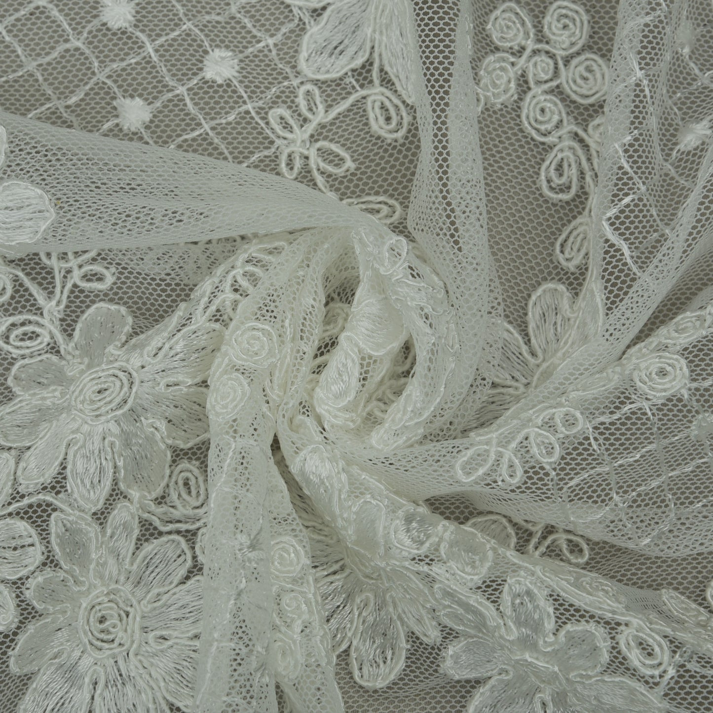 White Color Net Embroidery Fabric