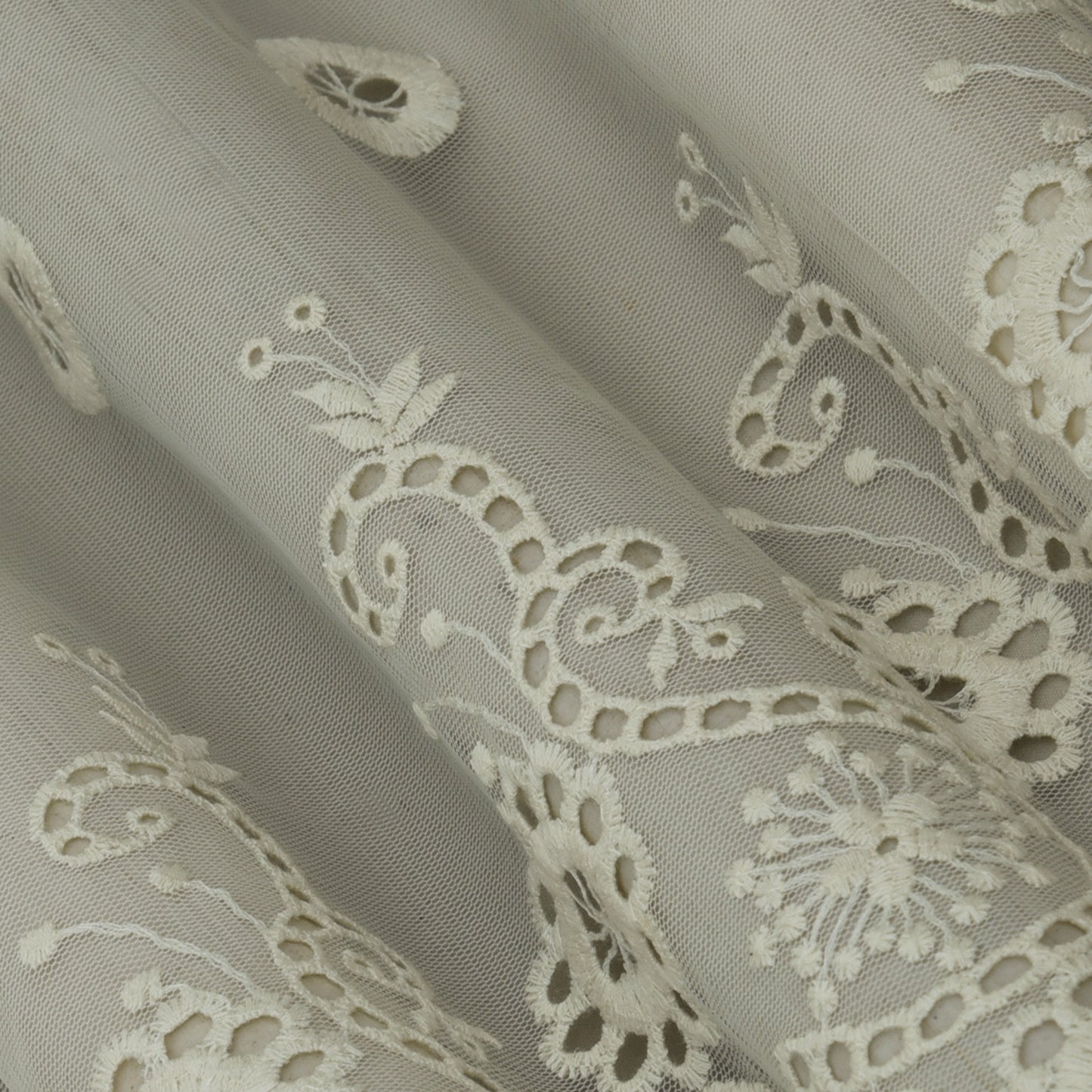 Off White Color Net Embroidery Fabric