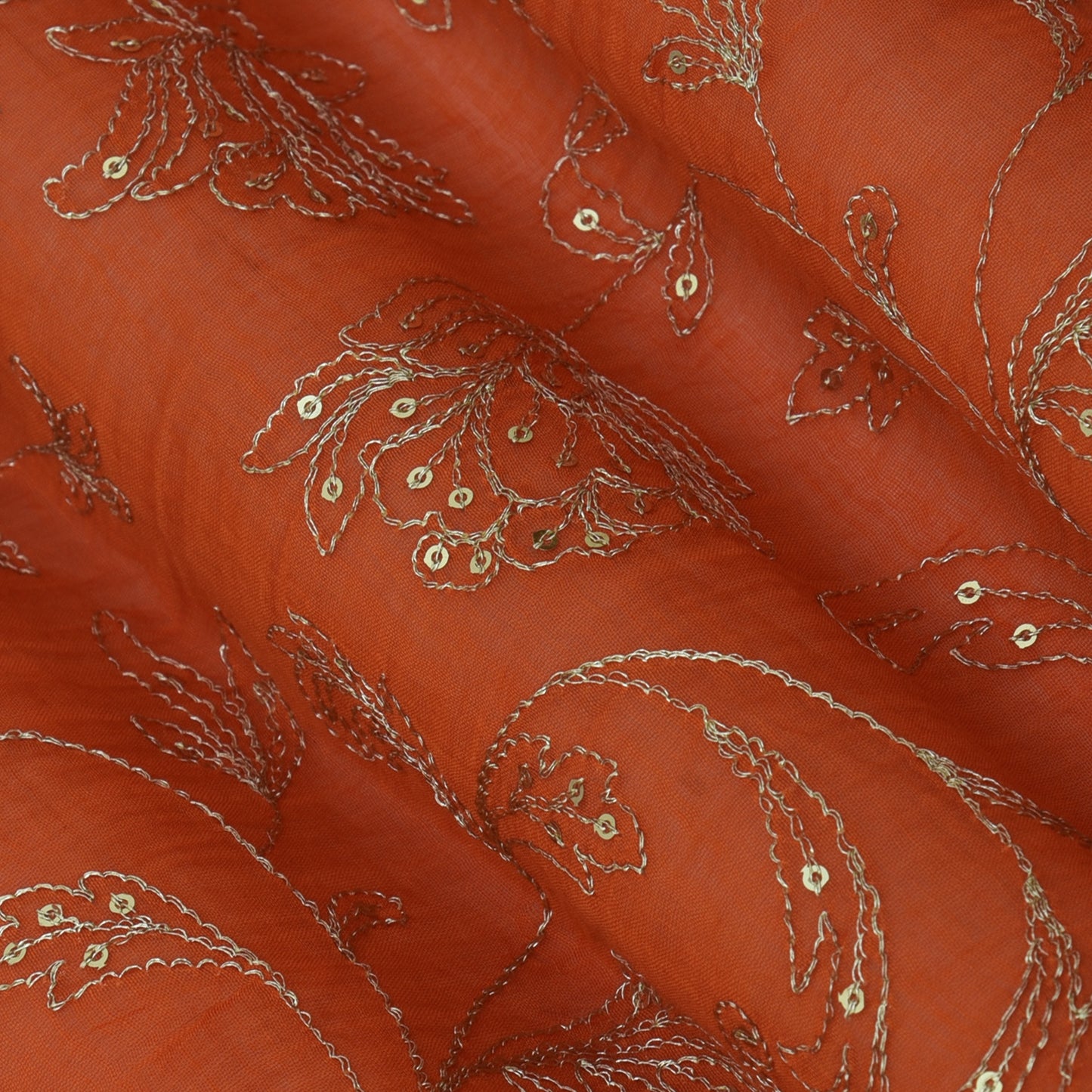 Fire Orange Color Chanderi Embroidery Fabric