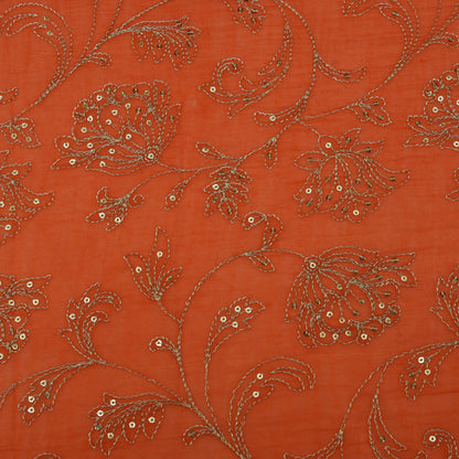 Fire Orange Color Chanderi Embroidery Fabric