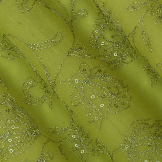 Neon Green Color Chanderi Embroidery Fabric