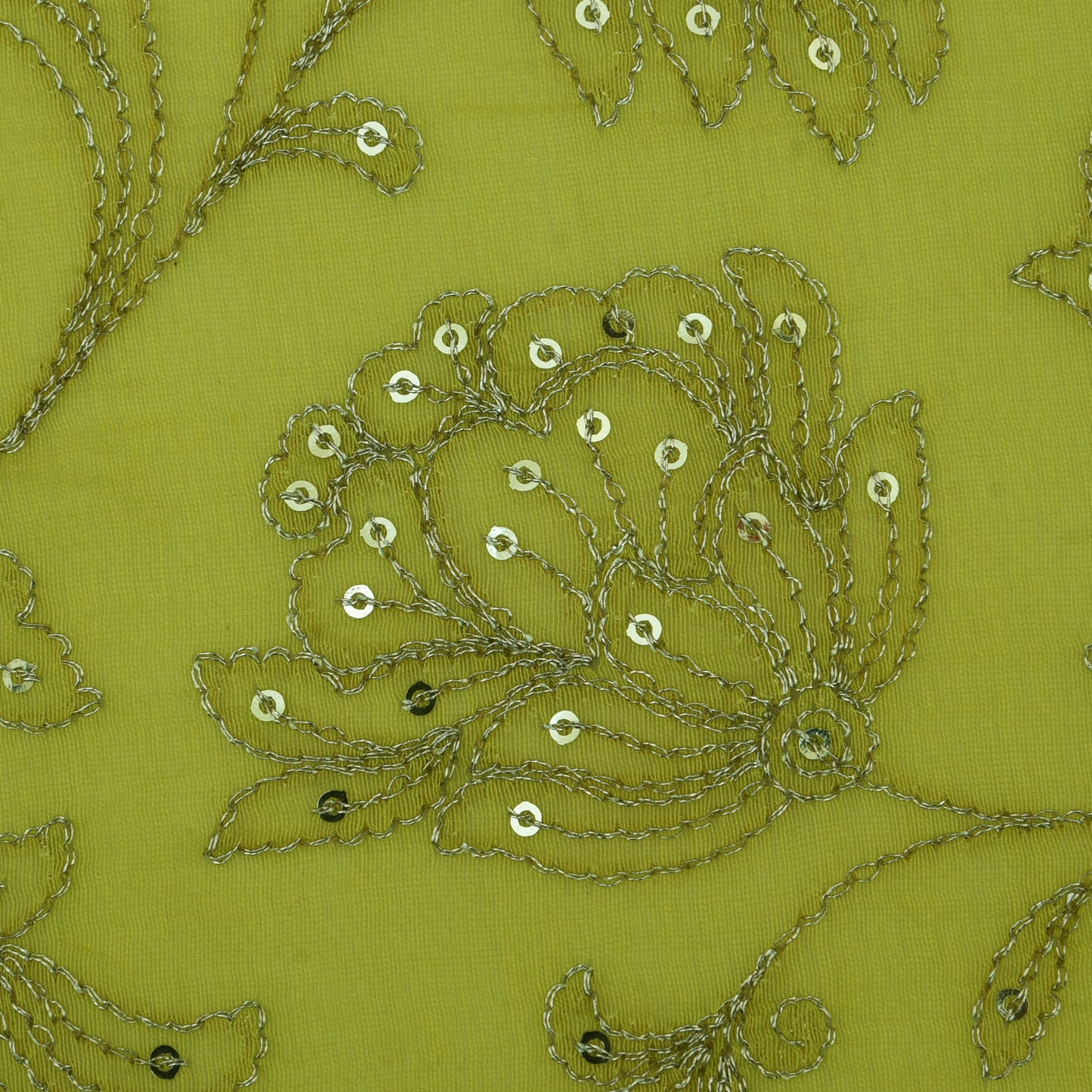 Neon Green Color Chanderi Embroidery Fabric