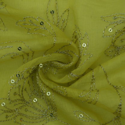 Neon Green Color Chanderi Embroidery Fabric