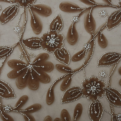 Brown Color Net Sequins Embroidery Fabric