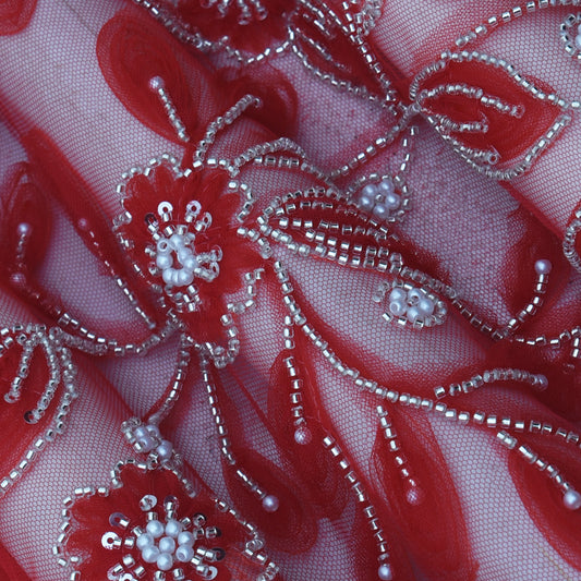 Red Color Net Sequins Embroidery Fabric