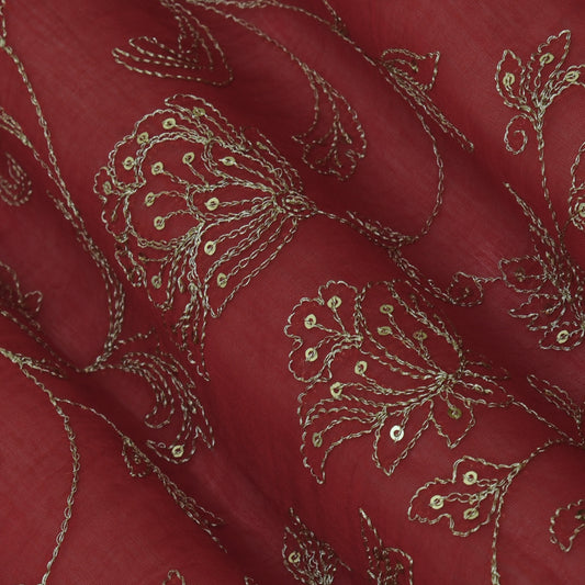 Red Color Chanderi Embroidery Fabric