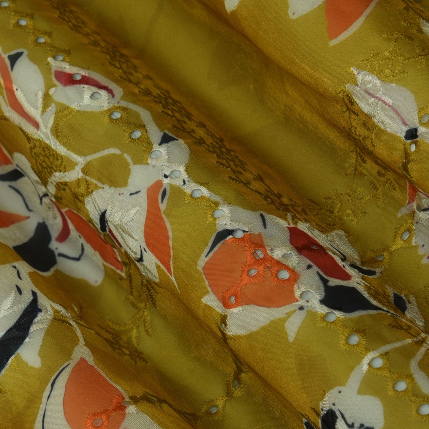 Yellow Color Organza Print Embroidery Fabric