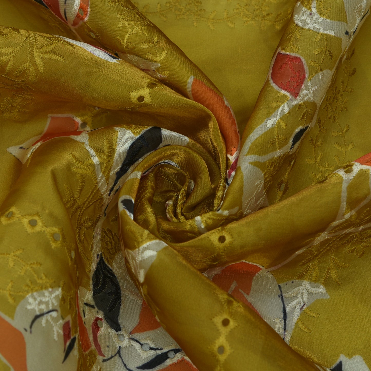 Yellow Color Organza Print Embroidery Fabric