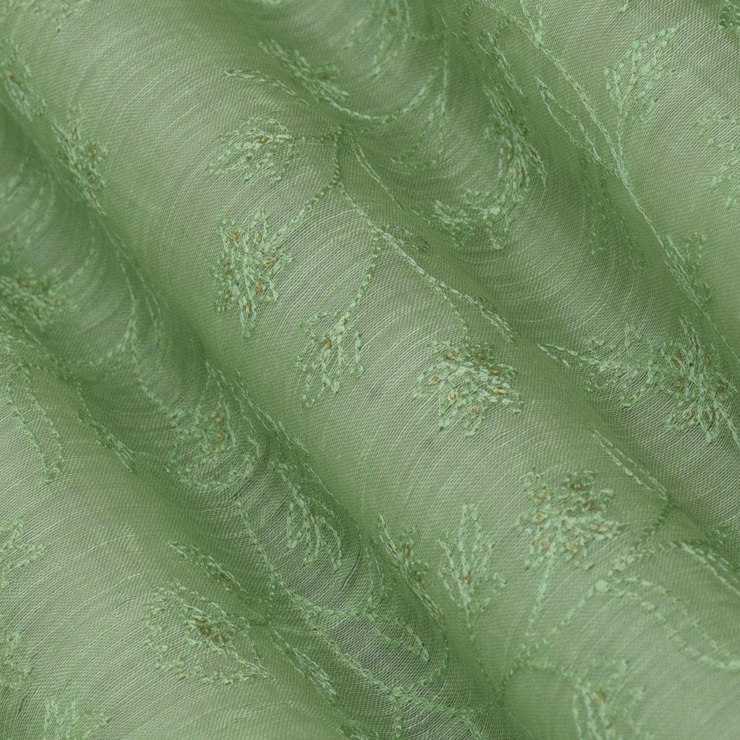 Pista Green Color Noil Silk Embroidery Fabric