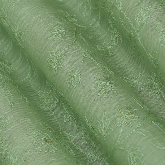 Pista Green Color Noil Silk Embroidery Fabric