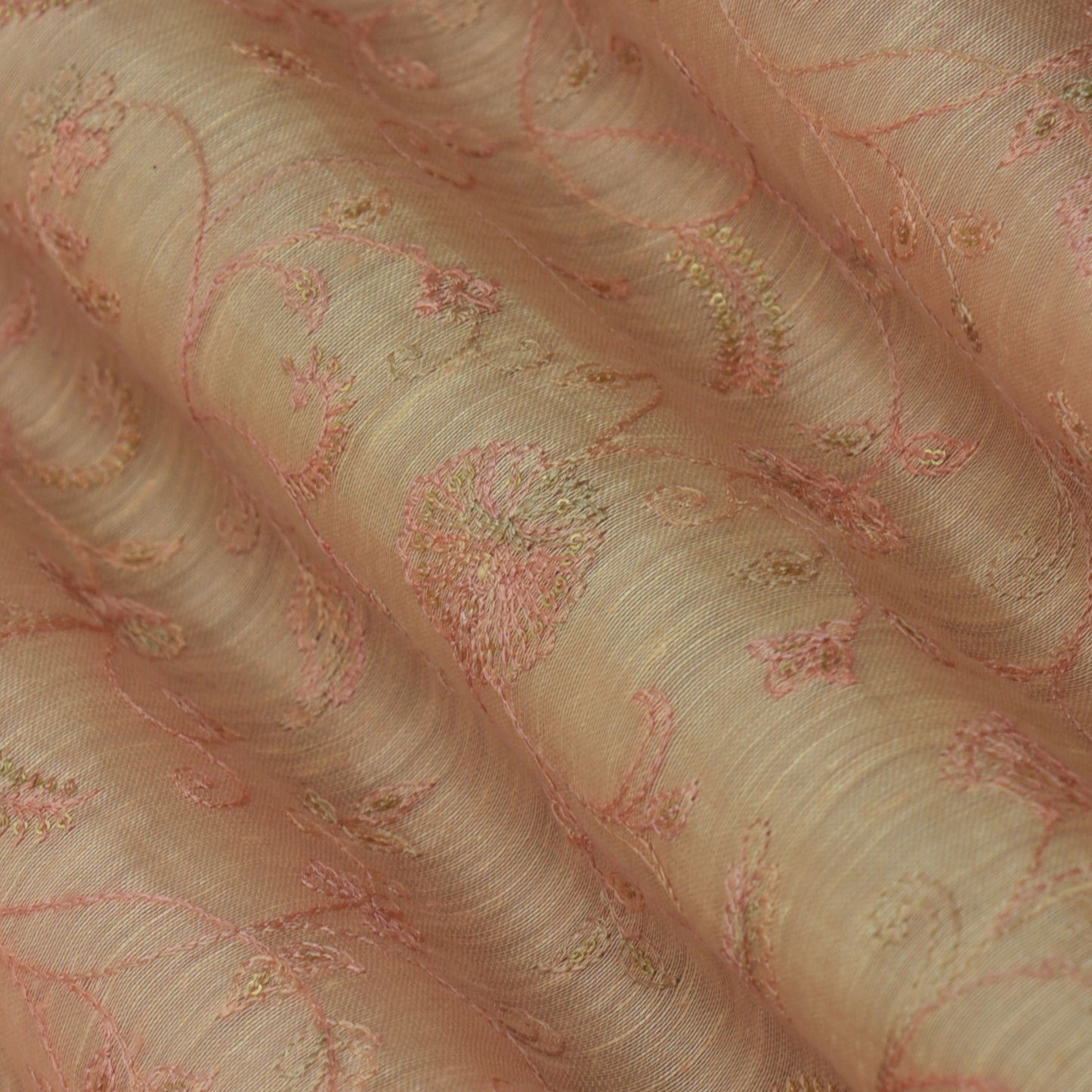 Peach Color Noil Silk Embroidery Fabric