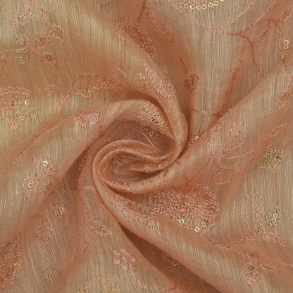 Peach Color Noil Silk Embroidery Fabric