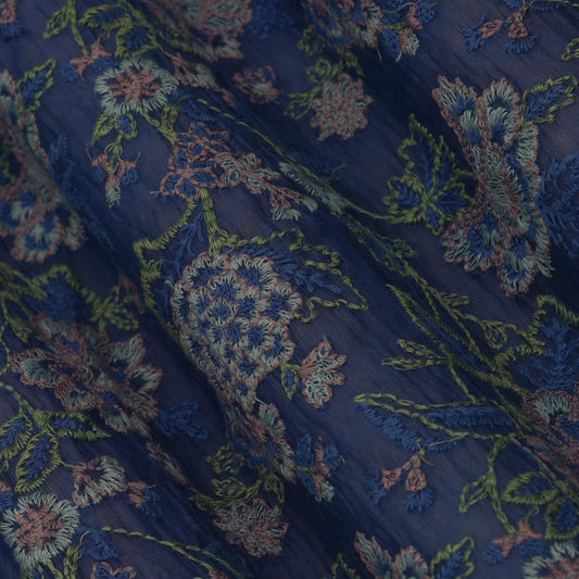 Blue Color Chanderi Embroidery Fabric