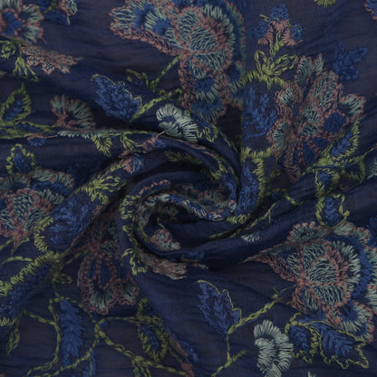 Blue Color Chanderi Embroidery Fabric