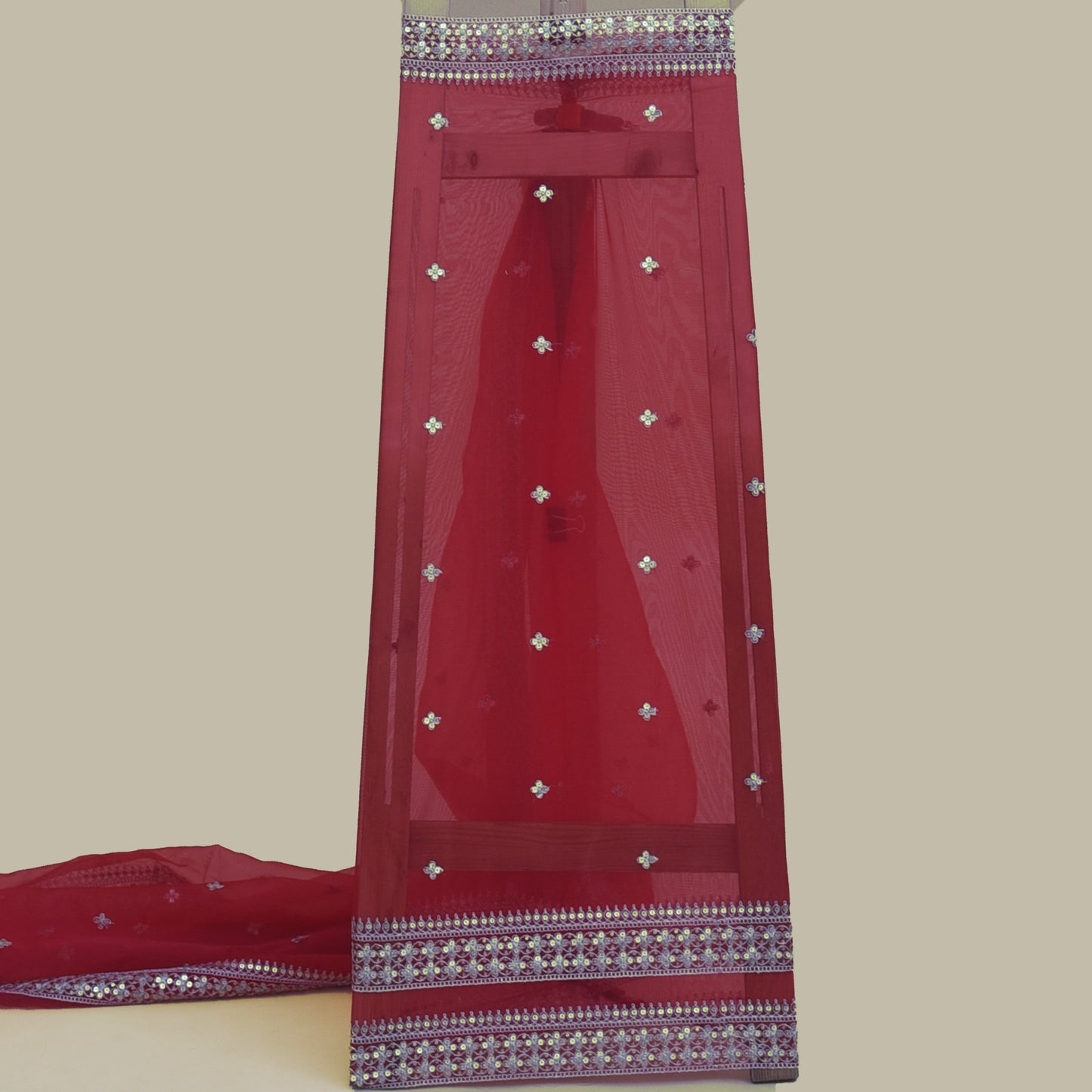 Red Color Organza Embroidery Fabric