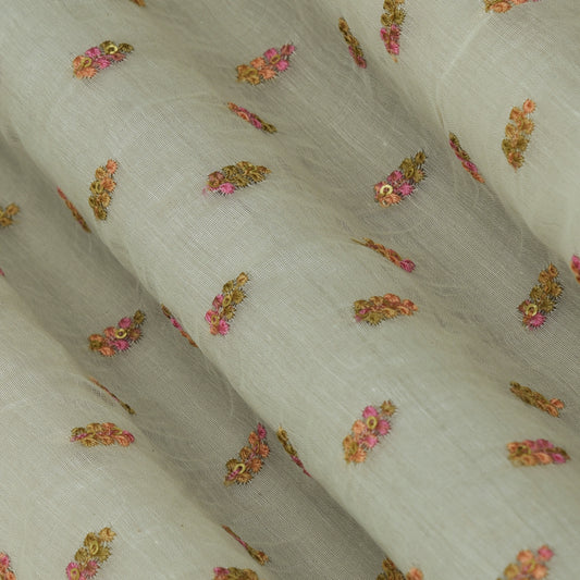 Off White Color Chanderi Booti Embroidery Fabric