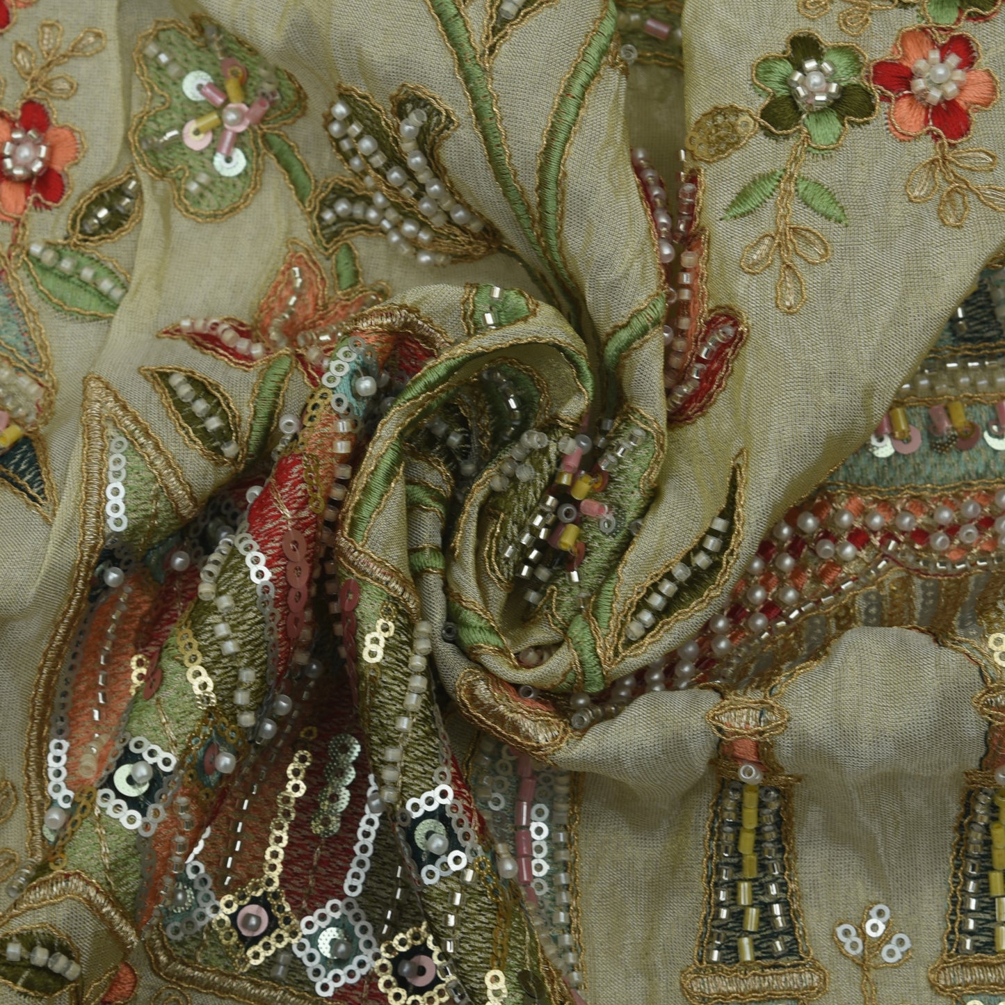 Beige Color Tissue Embroidery Fabric