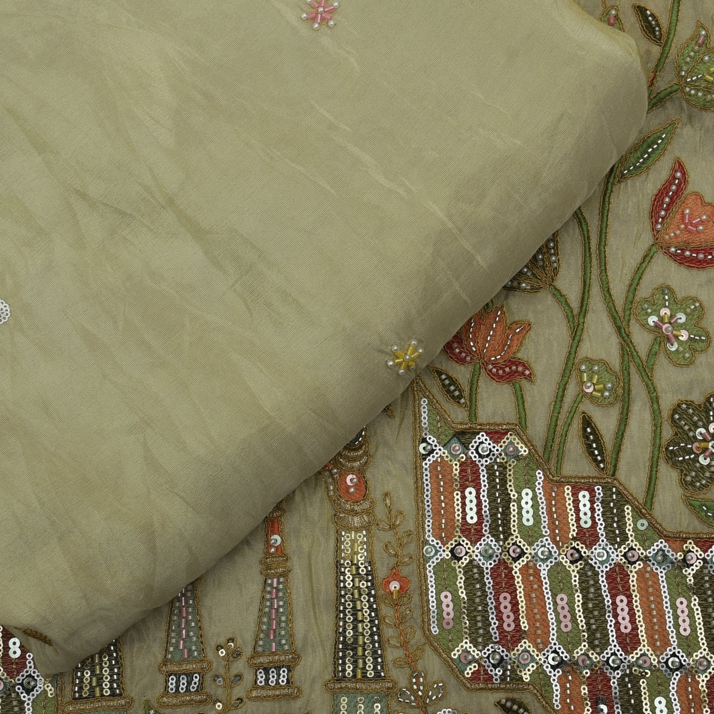 Beige Color Tissue Embroidery Fabric